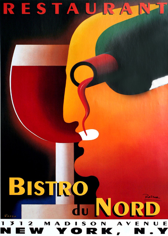 Wine glass and face with superimposed bottle of wine; red, green, orange
