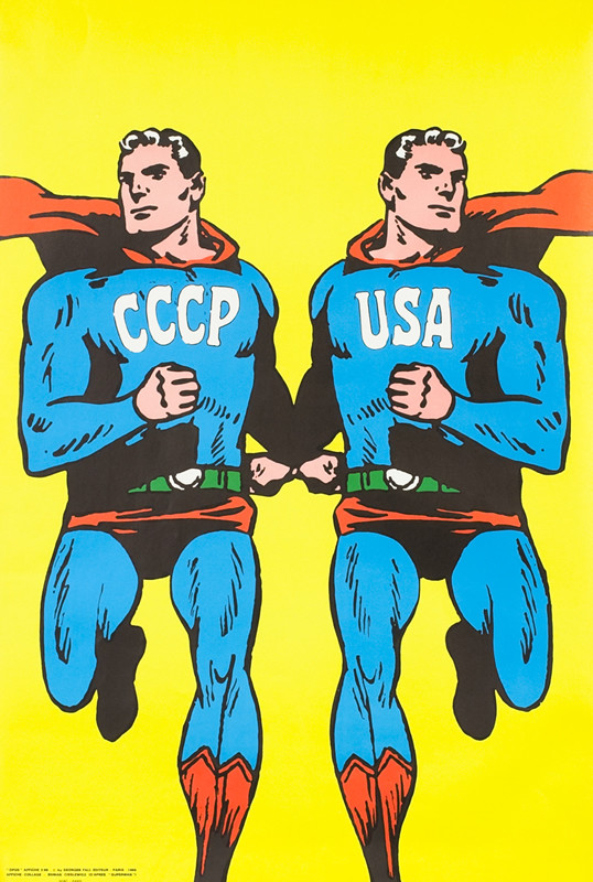 Superman with CCCP and USA on uniforms; red, yellow, blue