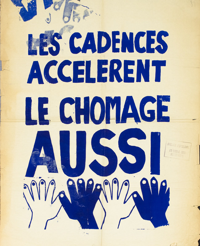 Text, line of hands; blue, white