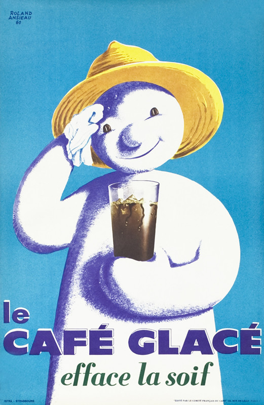Sweating snowman drinks iced coffee wearing sun hat; blue, white, yellow, brown