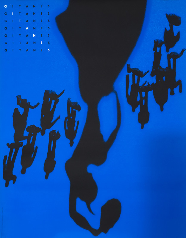 Upside down shadowy figures with large female in center; blue