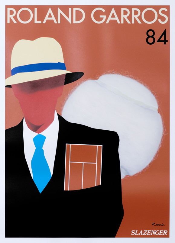 Abstract man in fedora and suit, white tennis ball behind; red, white, black, blue