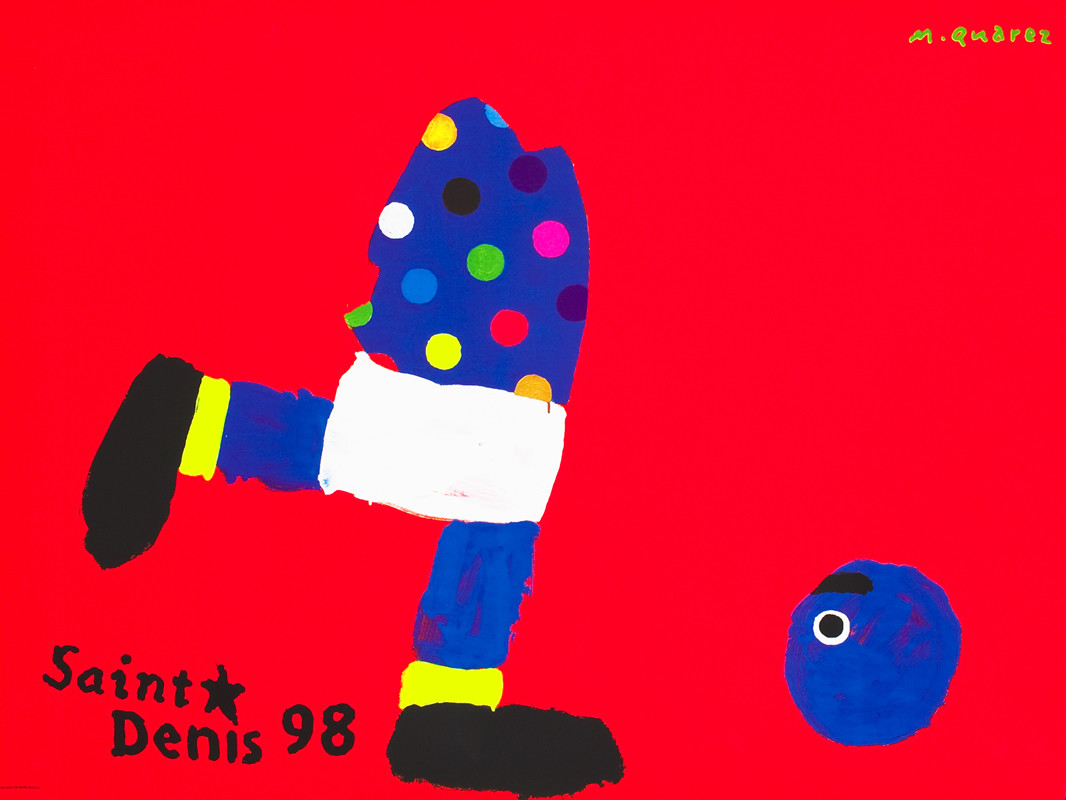Cartoon soccer player dressed as clown kicks ball which is his head; red, blue, yellow