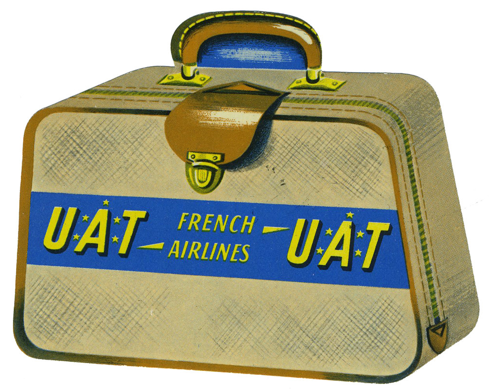 Suitcase with airline information on front; blue, brown, yellow