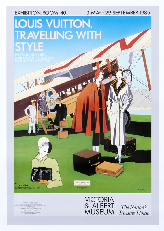 Man helps woman out of Golden Ray plane, fashionable women stand with Louis Vuitton luggage; brown, green, blue