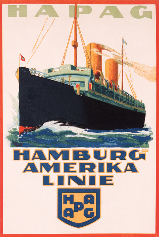 Ocean liner under steam; green, yellow, blue