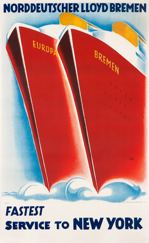 Tall red bows of Europa and Bremen Ocean liners; red, yellow, blue