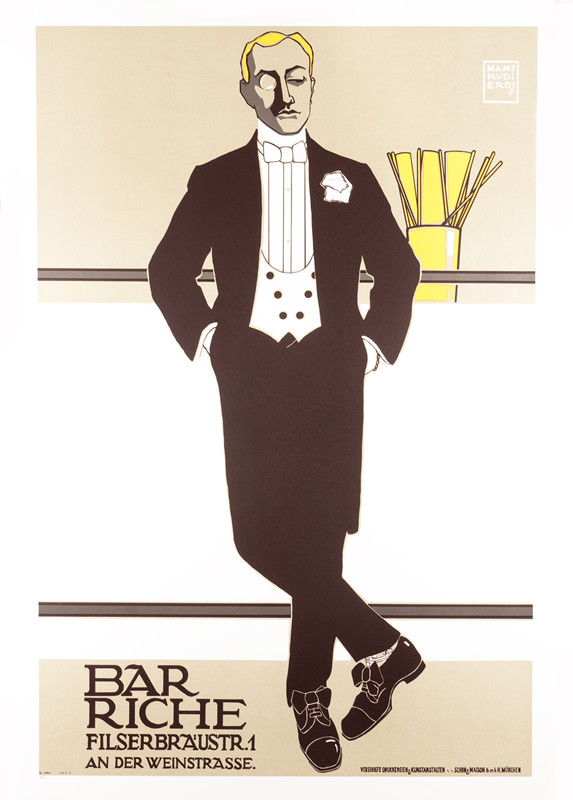 Man in tuxedo rests against bar; black, brown, yellow