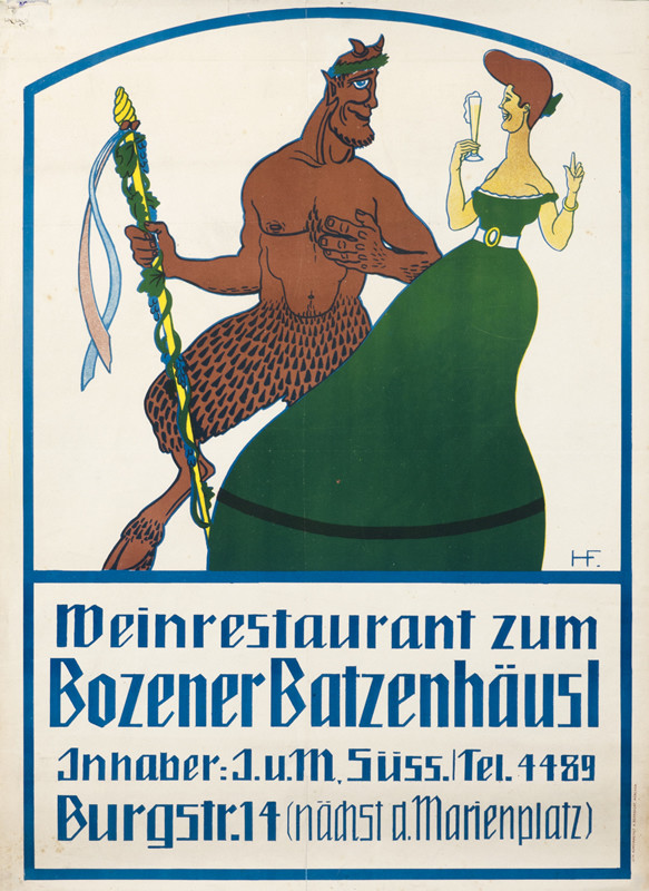 Woman with champagne glass talks to satyr w/torch; green, yellow, blue, brown