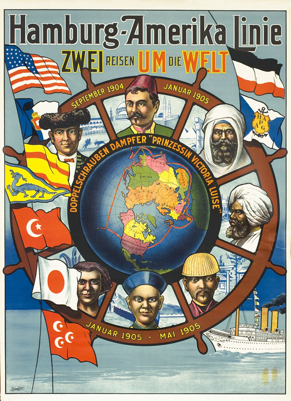 Prinzessin Victoria Luise; ship's wheel with faces of men from many nations; blue, red