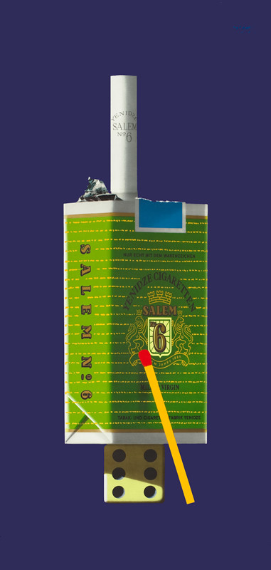 Pack of cigarettes balanced on die, one cigarette extends from top; blue, green