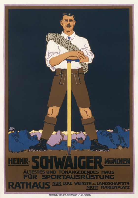 Mountain climber with rope and ice ax; blue, brown, gray
