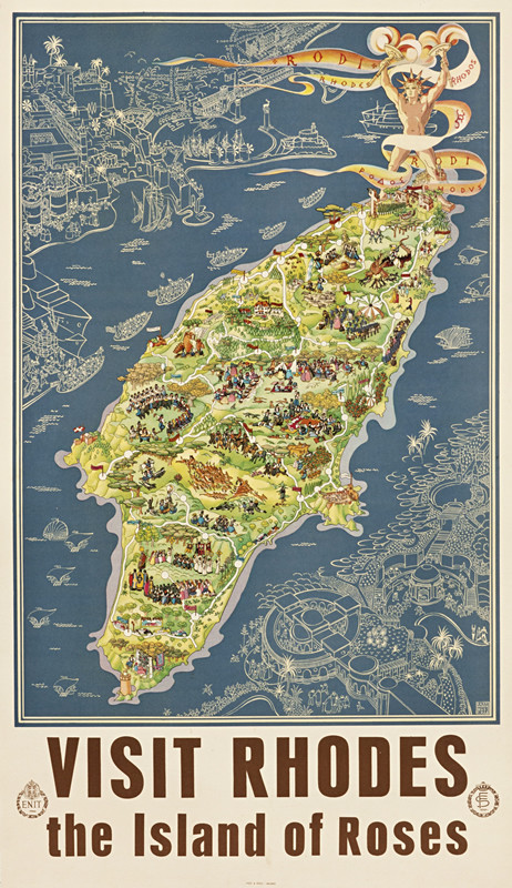 map of Rhodes - Rhodos - Rodi with drawing of Neptune and the harbor; blue, green