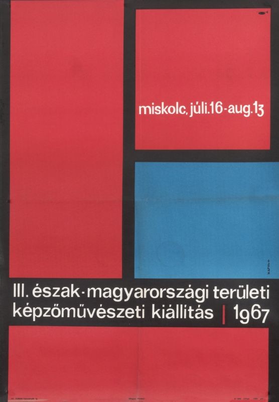 Flat planes of red and blue seperated by black bars; black, red, teal