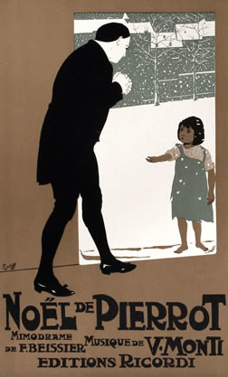 Pierrot opens door to little beggar girl; tan, blue, white
