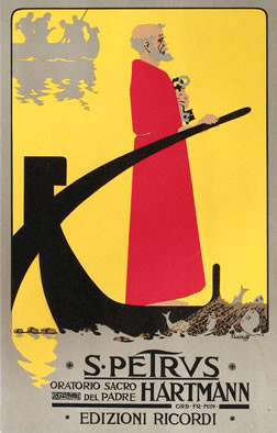 Man in red robe steering boat; red, yellow, black