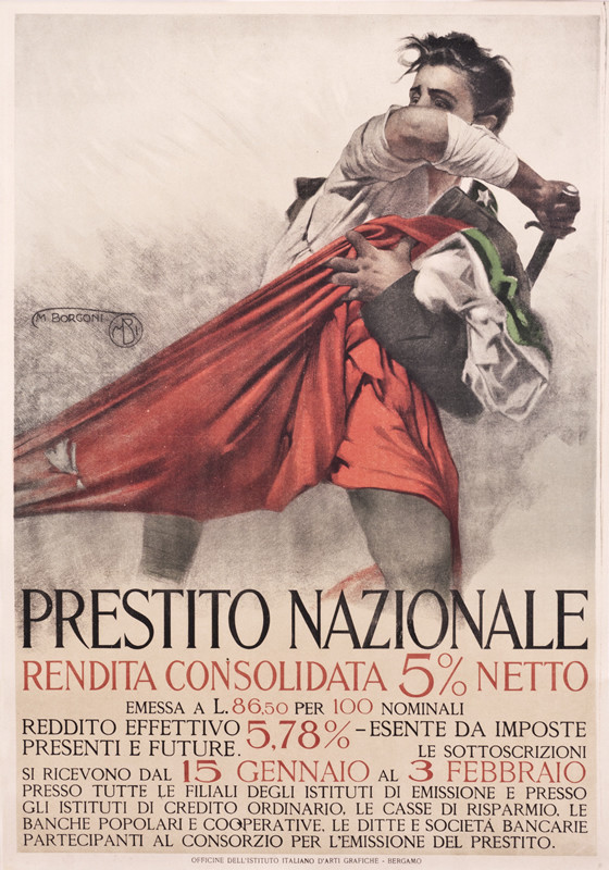 Man clutching Italian flag brandishes sword; white, brown, green, red