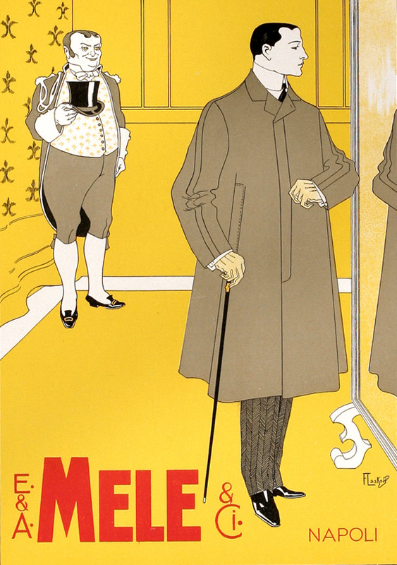 Man tries on overcoat in front of mirror and valet; yellow, gray