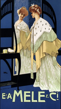 A woman in yellow/green dress in front of Art Nouveau mirror; blue, yellow, green