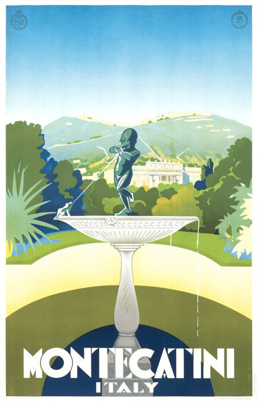 fountain with landscape in the background; blue, yellow, green