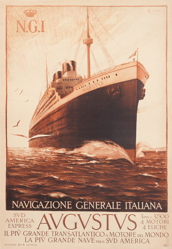 Ocean Liner Augustus steaming with seagulls; brown