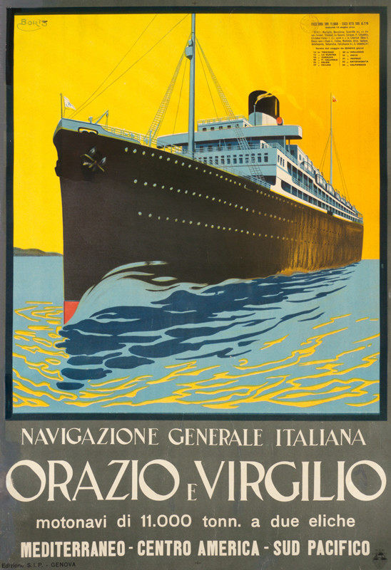 Ocean Liner steaming with yellow sunset; yellow, red, blue, black
