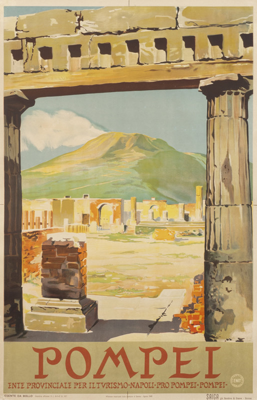 View through Pomepeiian ruins; green, brown, orange