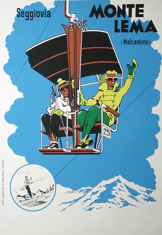 Skiiers on chair lift; blue, yellow
