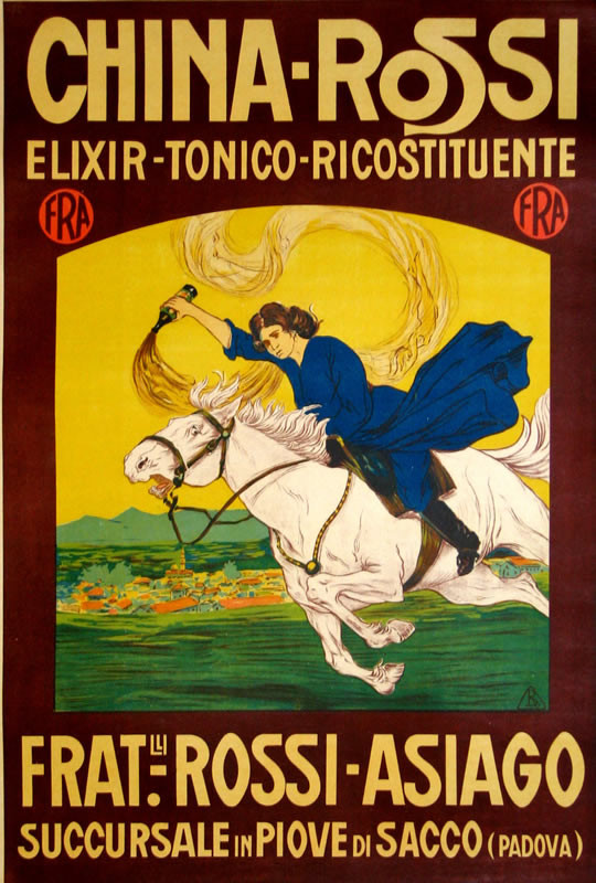 Woman riding frightened horse pours elixir over land; yellow, brown, blue, green