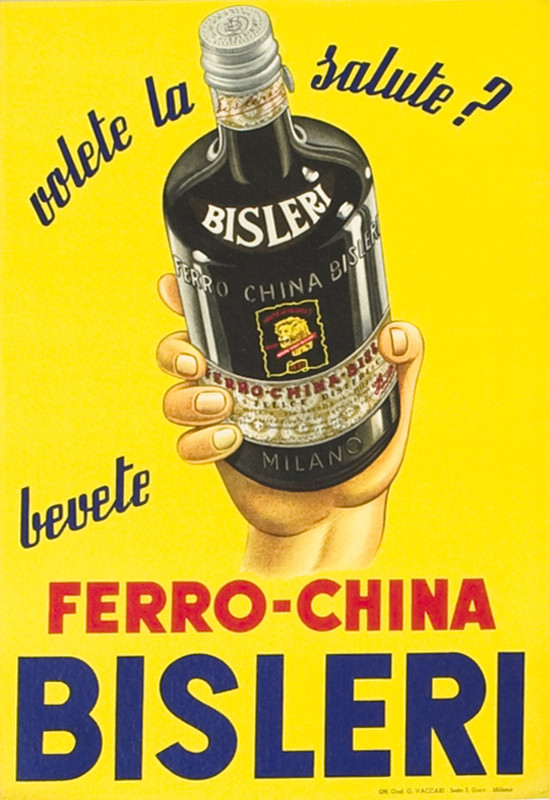 Hand holding up bottle of Bisleri liqueur, lion on label; red, black, yellow, blue