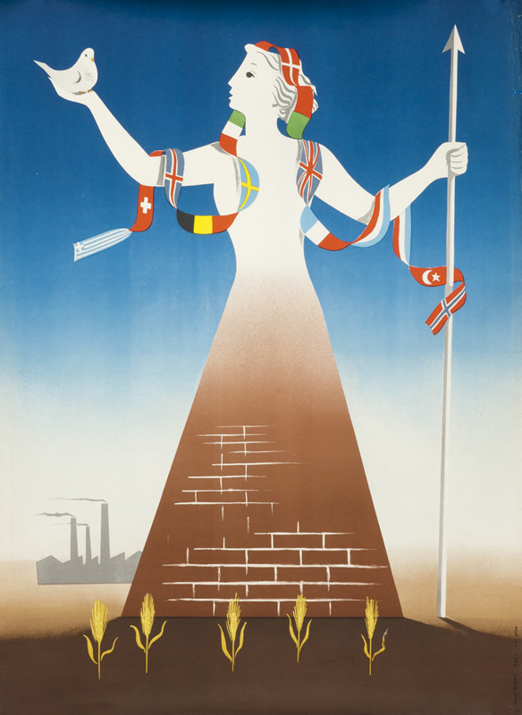 WOMAN DRAPED WITH FLAGS; BROWN, BLUE, WHITE
