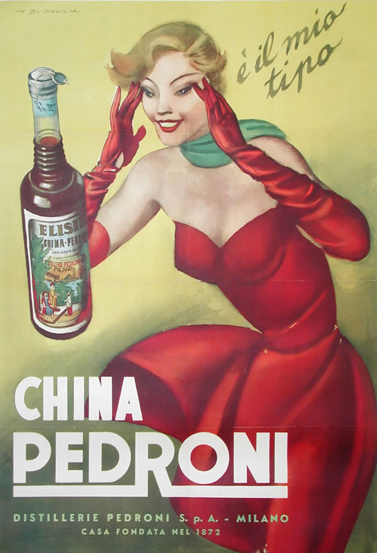 Woman lifting up corners of eyes in red dress staring at Pedroni bottle; red, yellow, green
