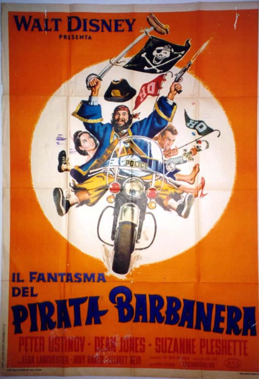PETER USTINOV, DEAN JONES, SUZANNE PLESHETTE ON MOTORCYCLE; orange, blue