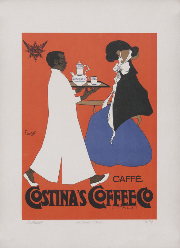 Black waiter brings coffee to seated woman; orange, blue, black