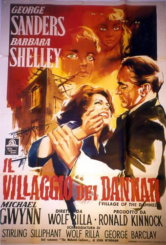 Couple embracing, burning house with eyes in the flames (George Sanders, Barbara Shelley); orange, brown, red