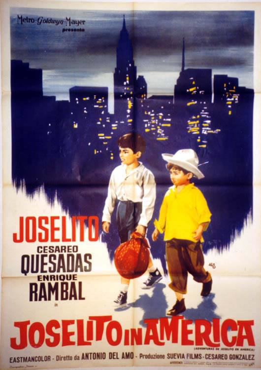 Runaway little boys in front of city skyline; blue, yellow, red
