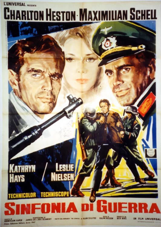 Wartime drama with two heroes and heroine, guns, soldiers making arrest; blue, green, yellow, brown
(Charlton Heston, Maximilian Schell, Leslie Nielsen)