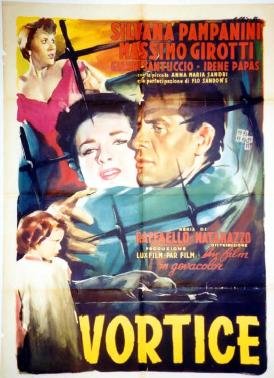 Couple embraces, baby looking at dead man; green, brown, gray, red, yellow