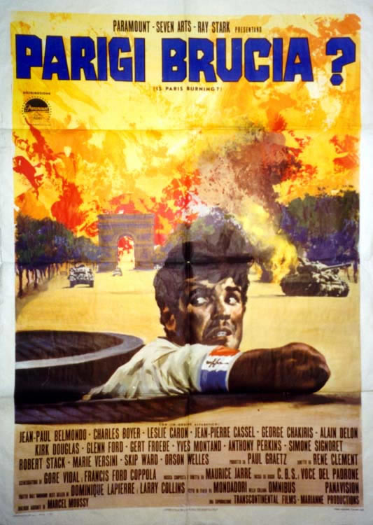 French Resistance fighter, with tanks and burning Paris in background; orange, beige, blue
