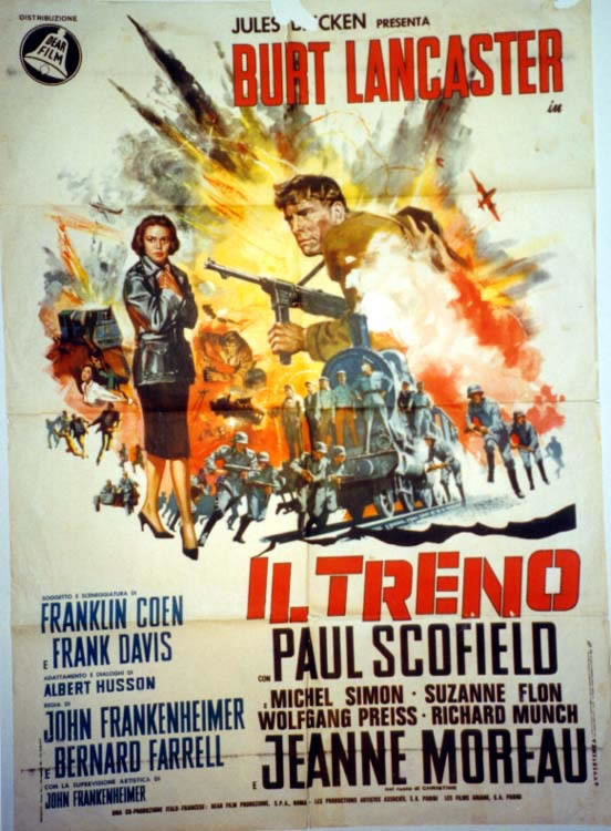 Burt Lancaster with machine gun; blue, black, red, yellow, orange