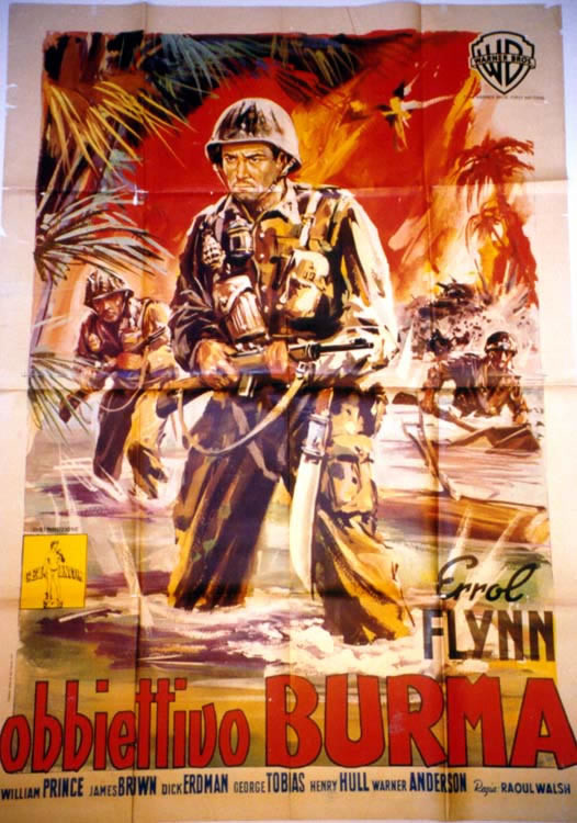 Errol Flynn with weapons; greens, browns, red, blue on white
