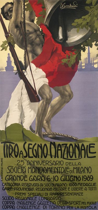 Man draped in Italian flag with rifle over shoulder rings bell; purple, brown, red, green