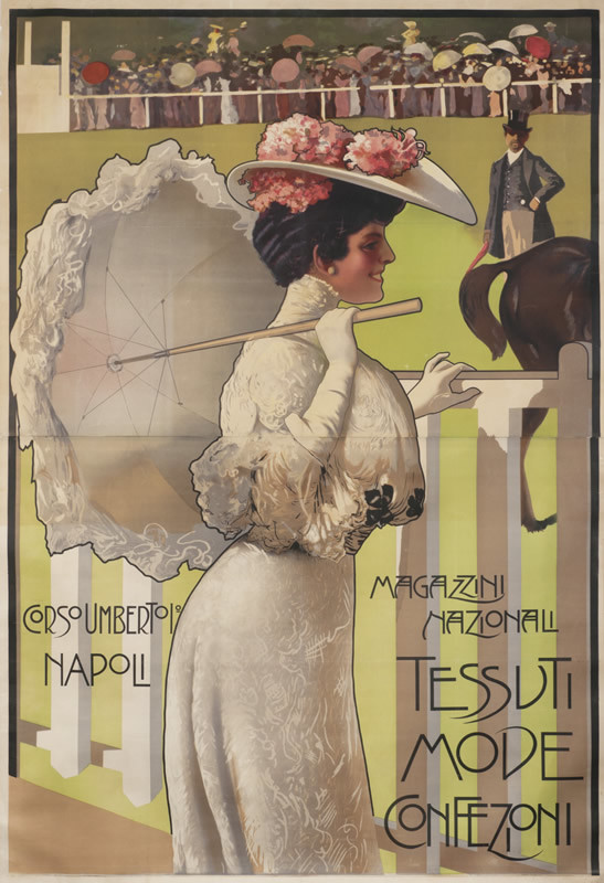 Beautiful woman in white dress & parisol at the track; green, pink