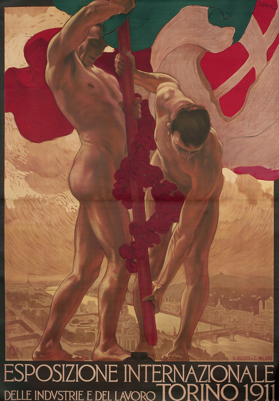 Two naked men plant flag in front of Turin landscape; red, tan, beige, green