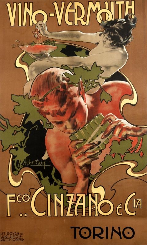 Pan plays flute, woman squeezes grapes, art nouveau border; orange, brown, green