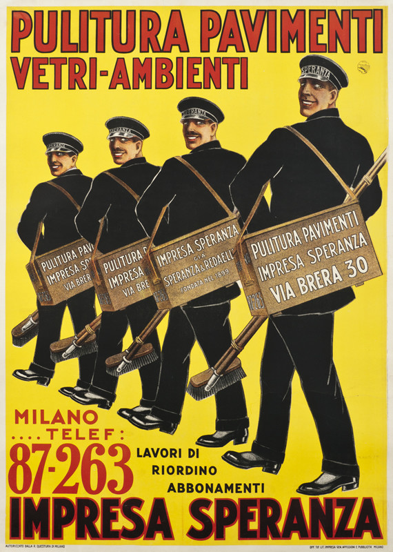 Four chimney sweepers carrying equipment; yellow, black, red, brown
