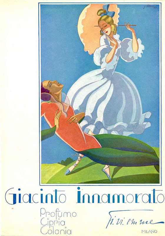 Woman with umbrella enchants man; green, blue, red