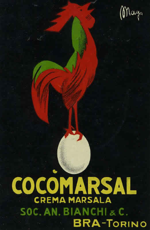 Rooster standing on egg; red, black, green