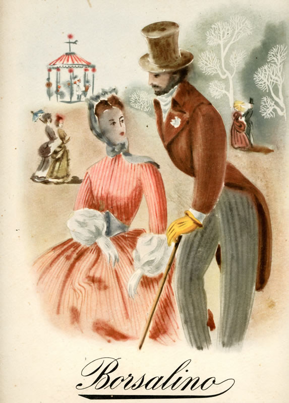 Gentleman with hat addresses fashionable lady; pink, brown