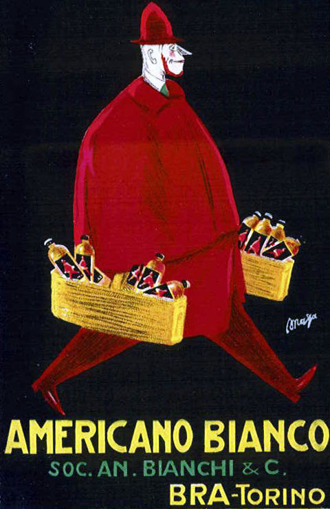 Man in red cape with baskets of bottles; yellow, black